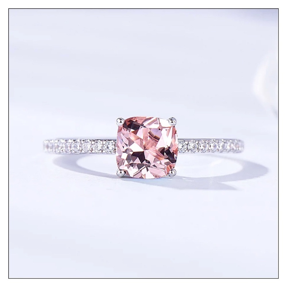 New Sterling Silver Cushion Morganite And Pave White Topaz Ring
